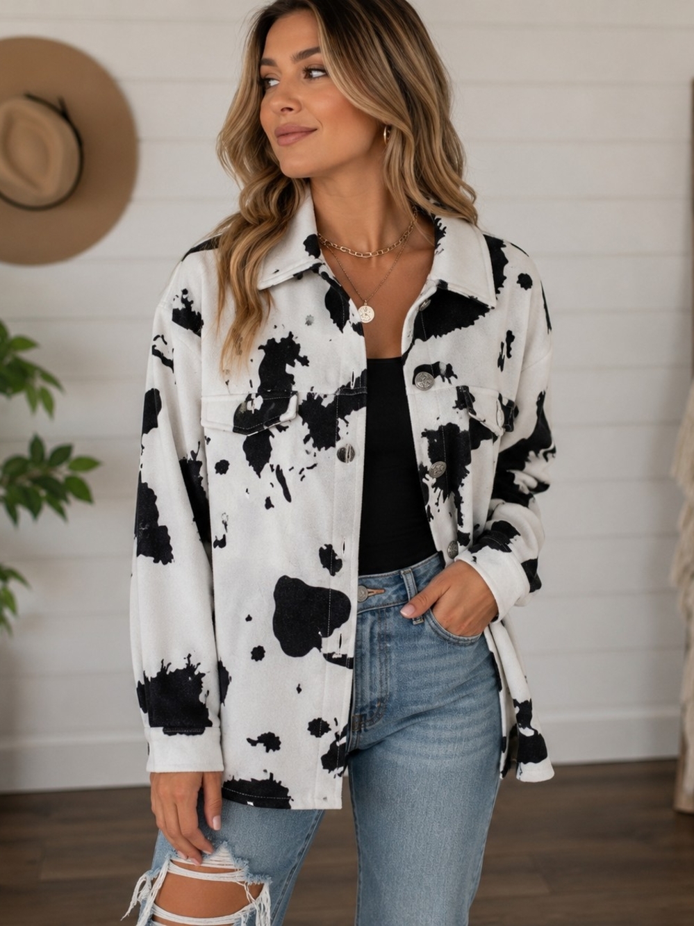 Cow Print Utility Shacket - Black & White - Picture 4 of 7